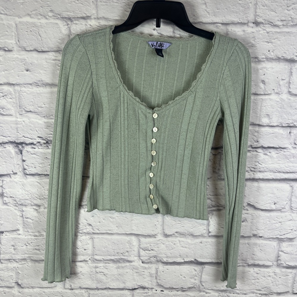 Vylette Y2K Coquette Girly  Long Sleeve Lightweight Ribbed Cardigan Size Small